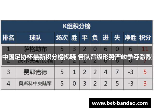 中国足协杯最新积分榜揭晓 各队晋级形势严峻争夺激烈